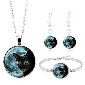 Moon Cat Jewelry Set Women Silver Black Cat Green Eyes Moon Goth Witchy 4pc NEW